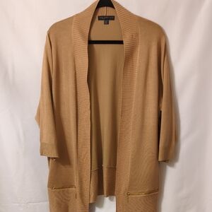 Joan Vass Camel Open-Front Lightweight Cardigan with Zip Pockets